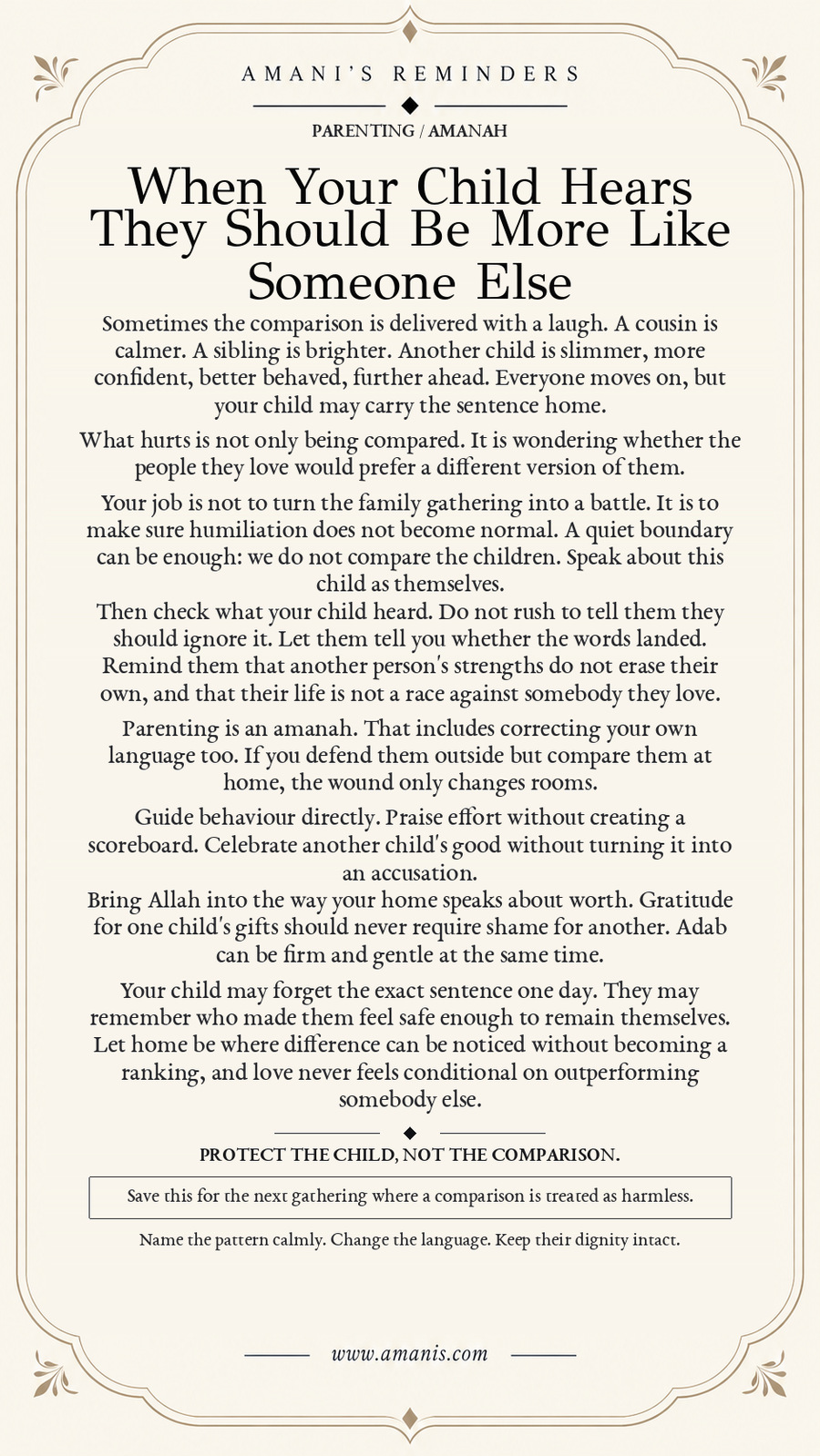 Amani’s Reminders poster about protecting a child’s dignity when relatives compare them with other children.