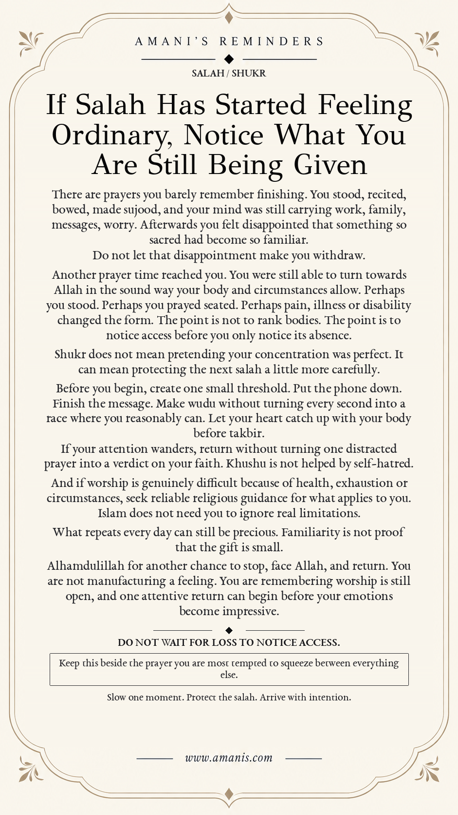 Amani’s Reminders poster about gratitude for access to salah and returning to prayer with intention.