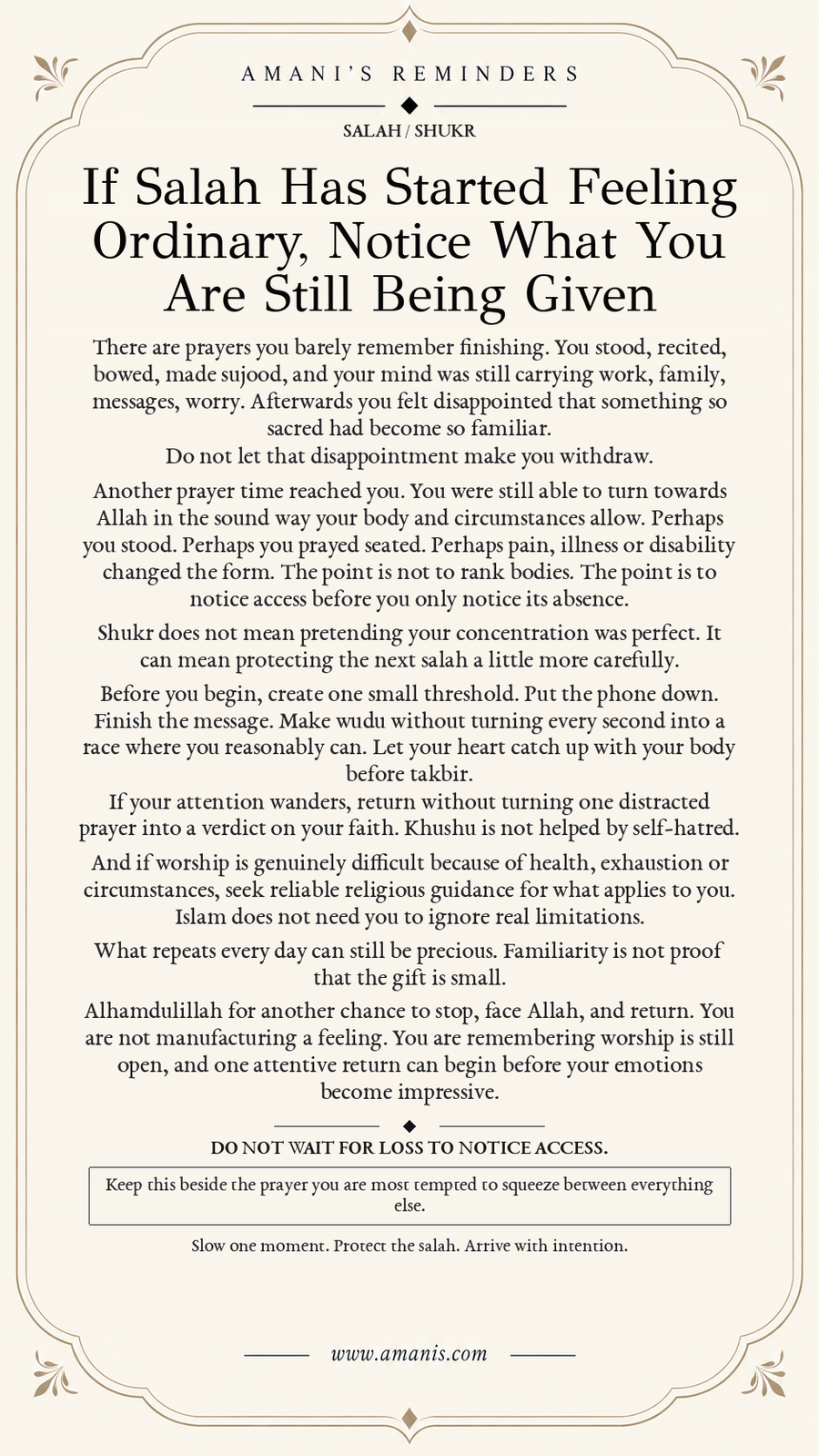 Amani’s Reminders poster about gratitude for access to salah and returning to prayer with intention.