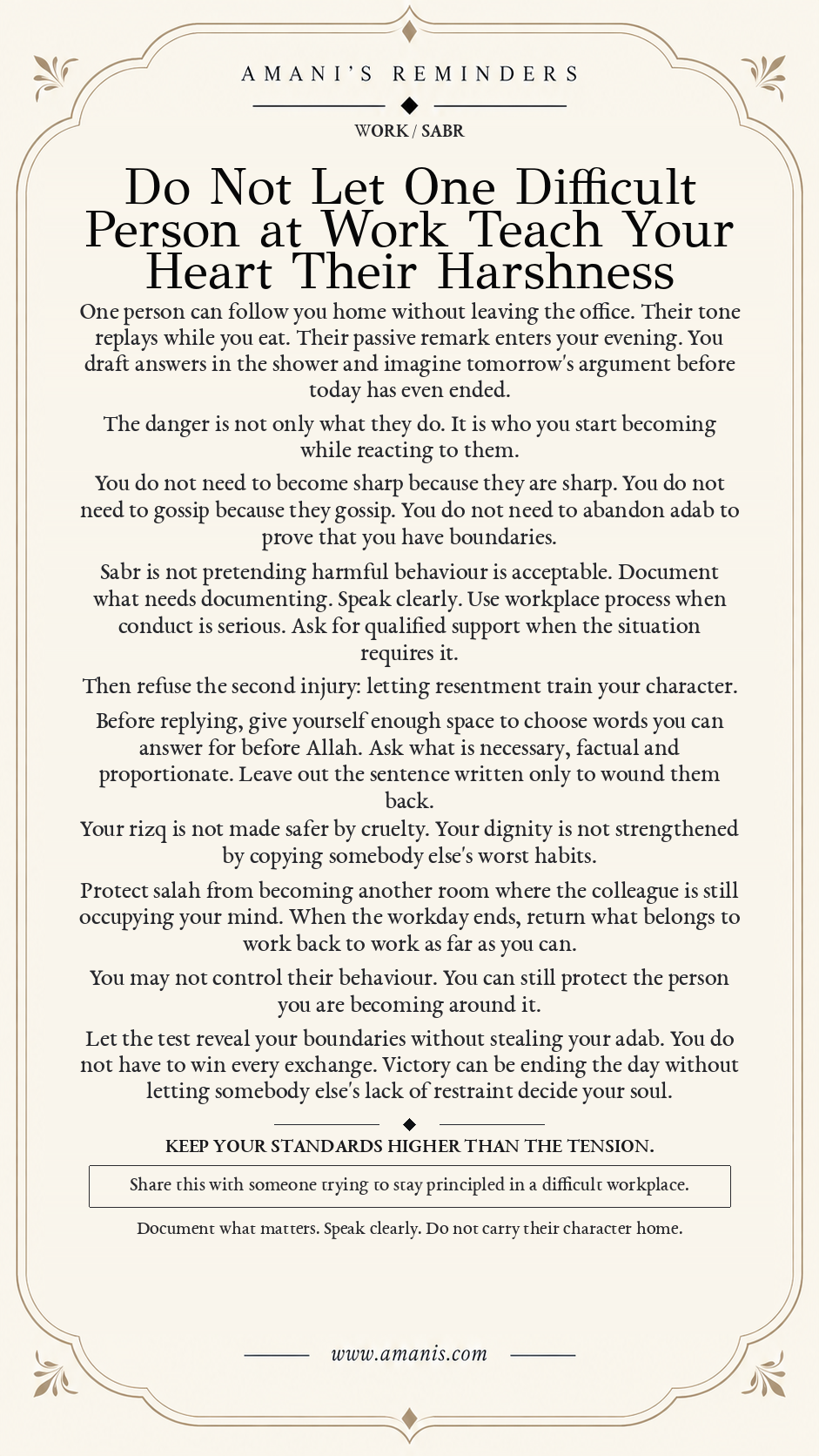 Amani’s Reminders poster about keeping good character, boundaries and sabr around a difficult colleague.