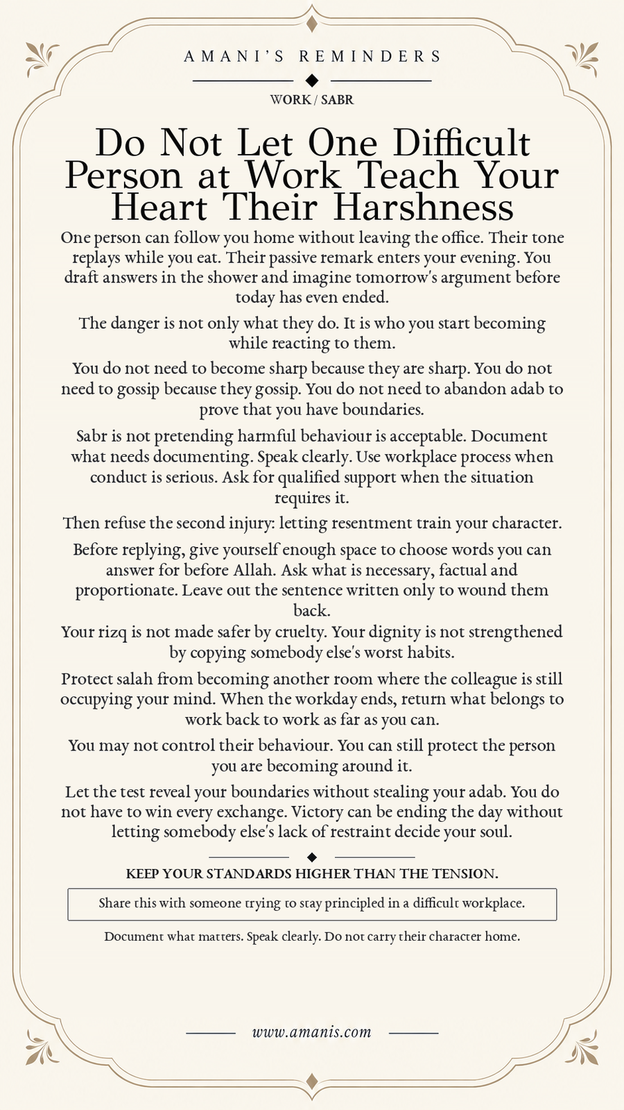 Amani’s Reminders poster about keeping good character, boundaries and sabr around a difficult colleague.