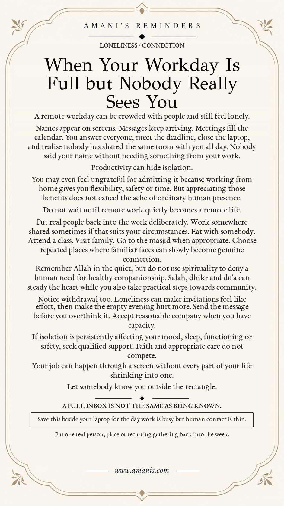 Amani’s Reminders poster about remote-work loneliness and rebuilding regular, healthy human connection.