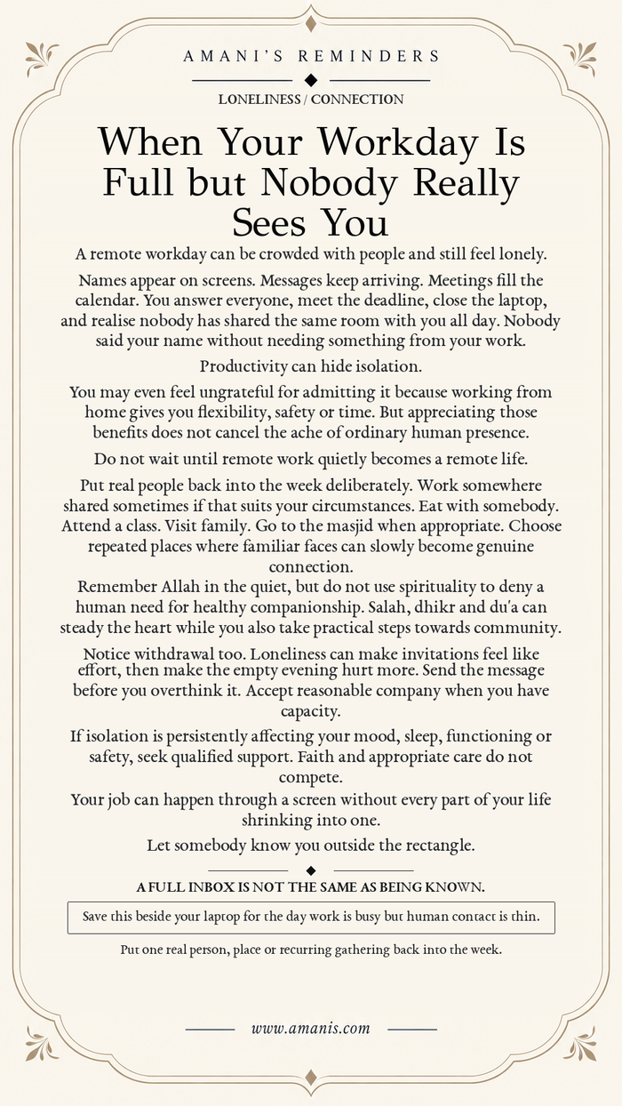 Amani’s Reminders poster about remote-work loneliness and rebuilding regular, healthy human connection.