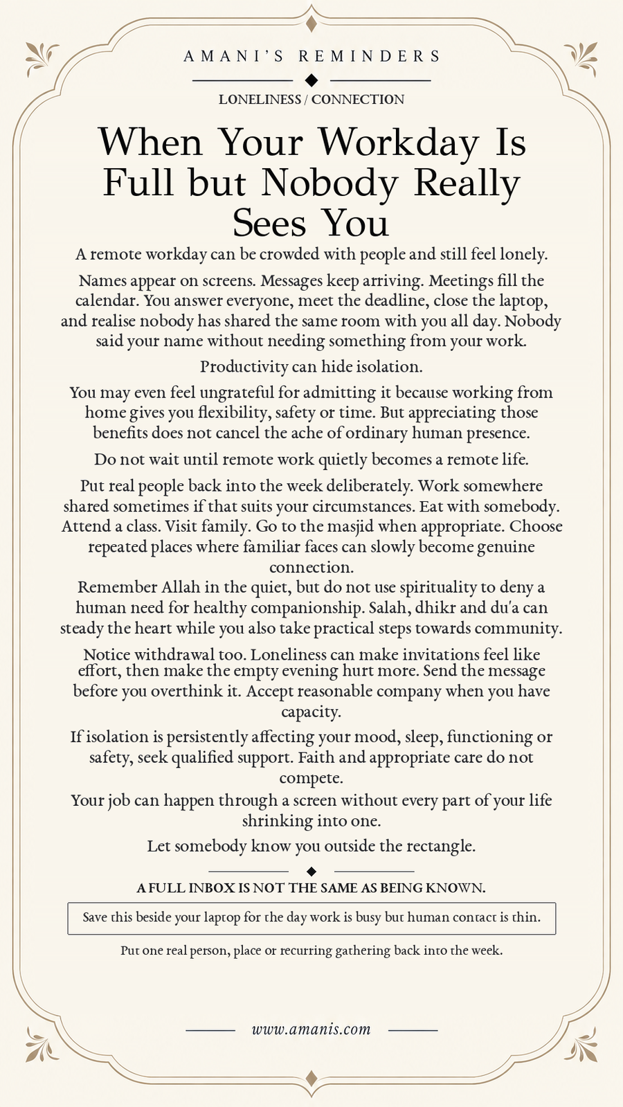 Amani’s Reminders poster about remote-work loneliness and rebuilding regular, healthy human connection.