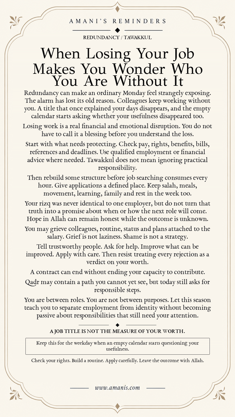 Amani’s Reminders poster about tawakkul, routine and dignity after redundancy or losing a job.