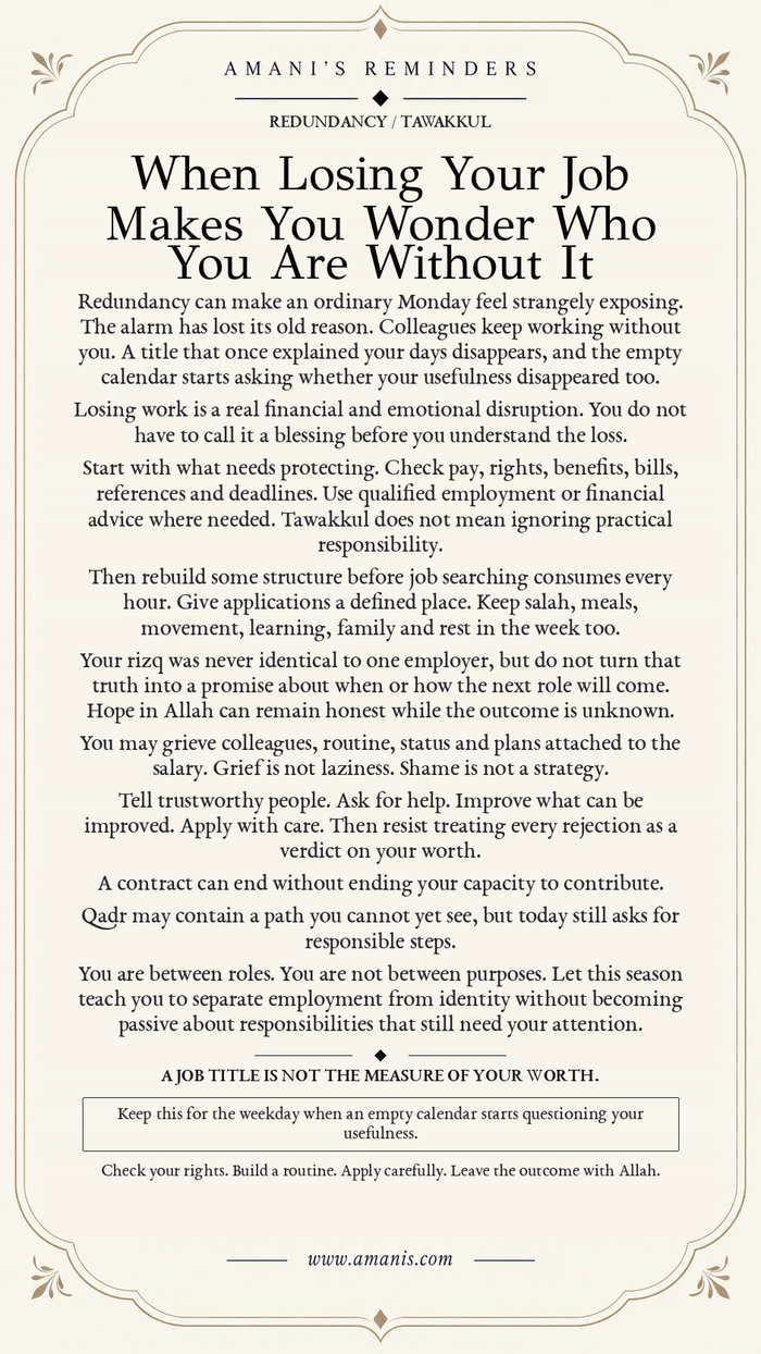 Amani’s Reminders poster about tawakkul, routine and dignity after redundancy or losing a job.