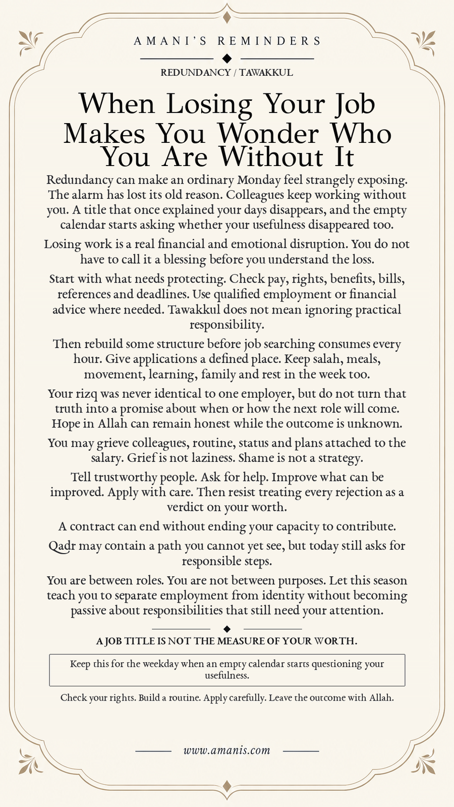 Amani’s Reminders poster about tawakkul, routine and dignity after redundancy or losing a job.