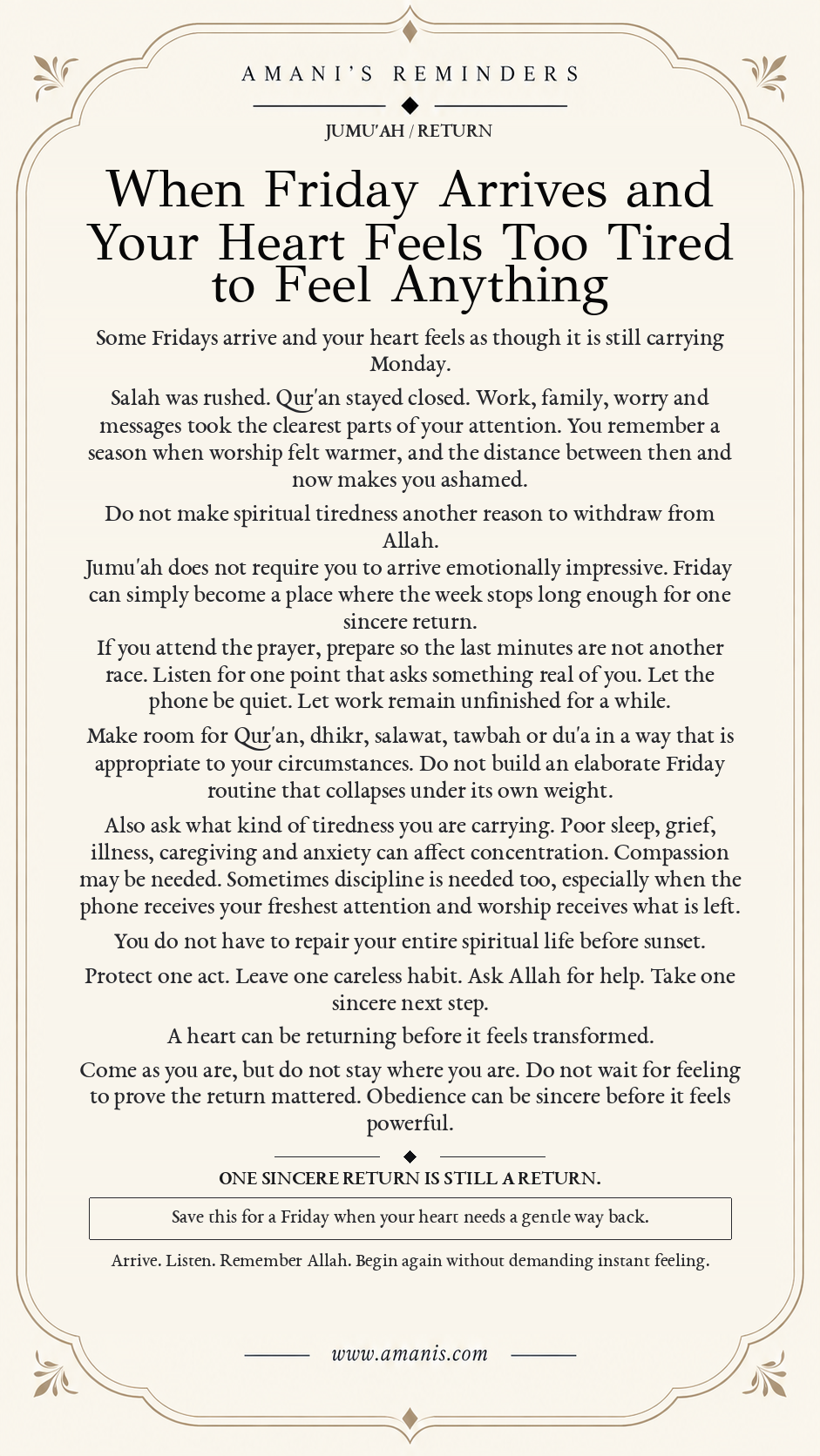 Amani’s Reminders Jummah poster about returning to Allah gently when Friday arrives and the heart feels spiritually tired.