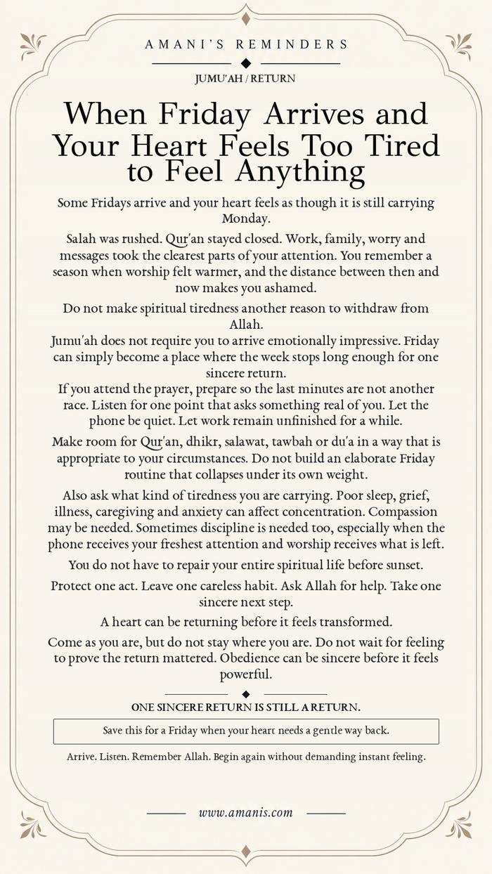 Amani’s Reminders Jummah poster about returning to Allah gently when Friday arrives and the heart feels spiritually tired.