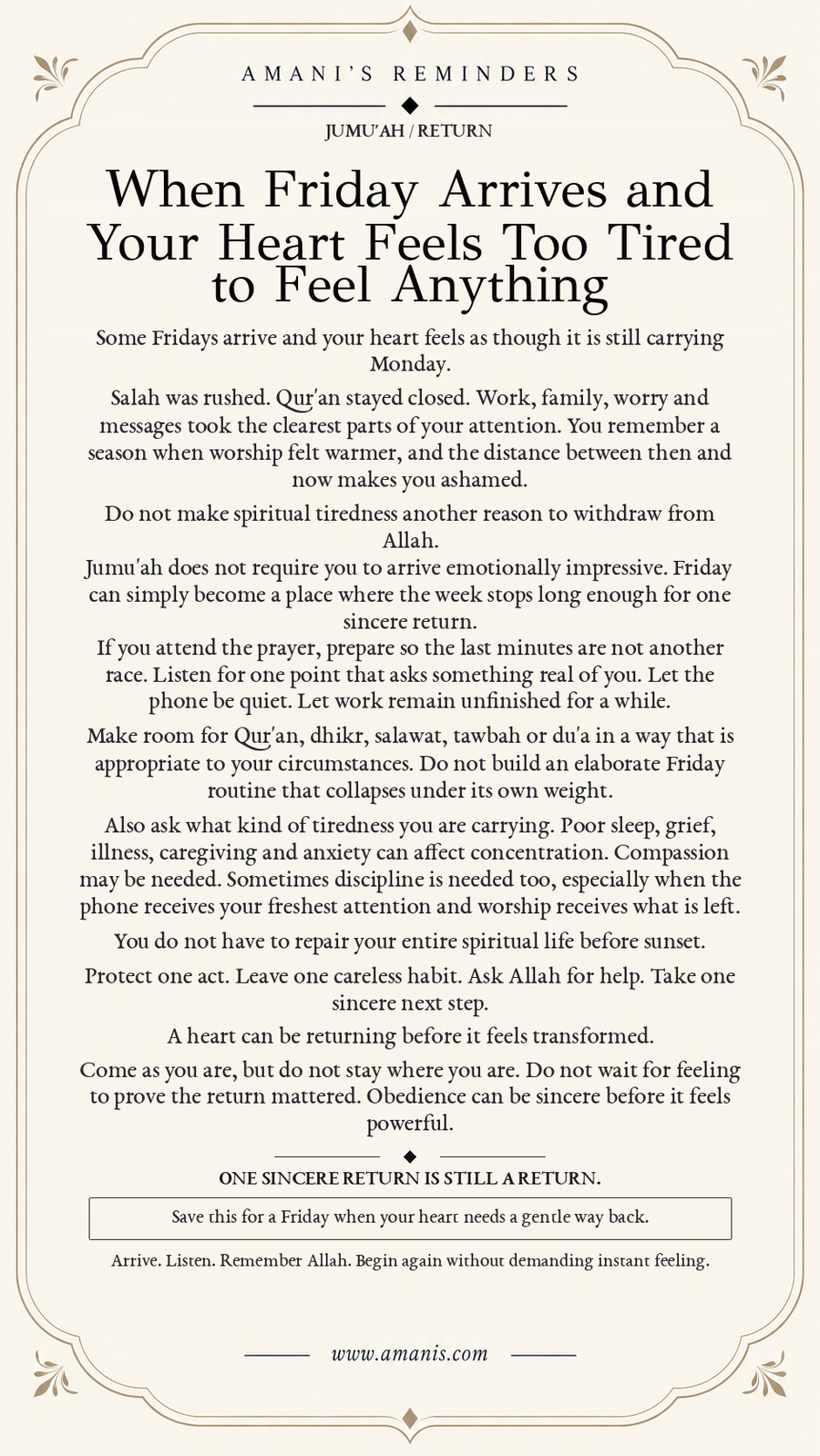 Amani’s Reminders Jummah poster about returning to Allah gently when Friday arrives and the heart feels spiritually tired.