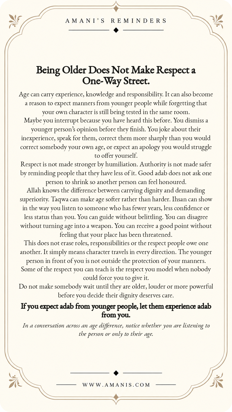 Amani’s Reminders ornate cream-and-gold Islamic Manners & Character poster about mutual respect across generations and ages.
