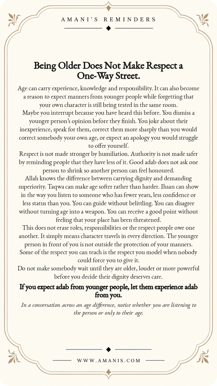 Amani’s Reminders ornate cream-and-gold Islamic Manners & Character poster about mutual respect across generations and ages.