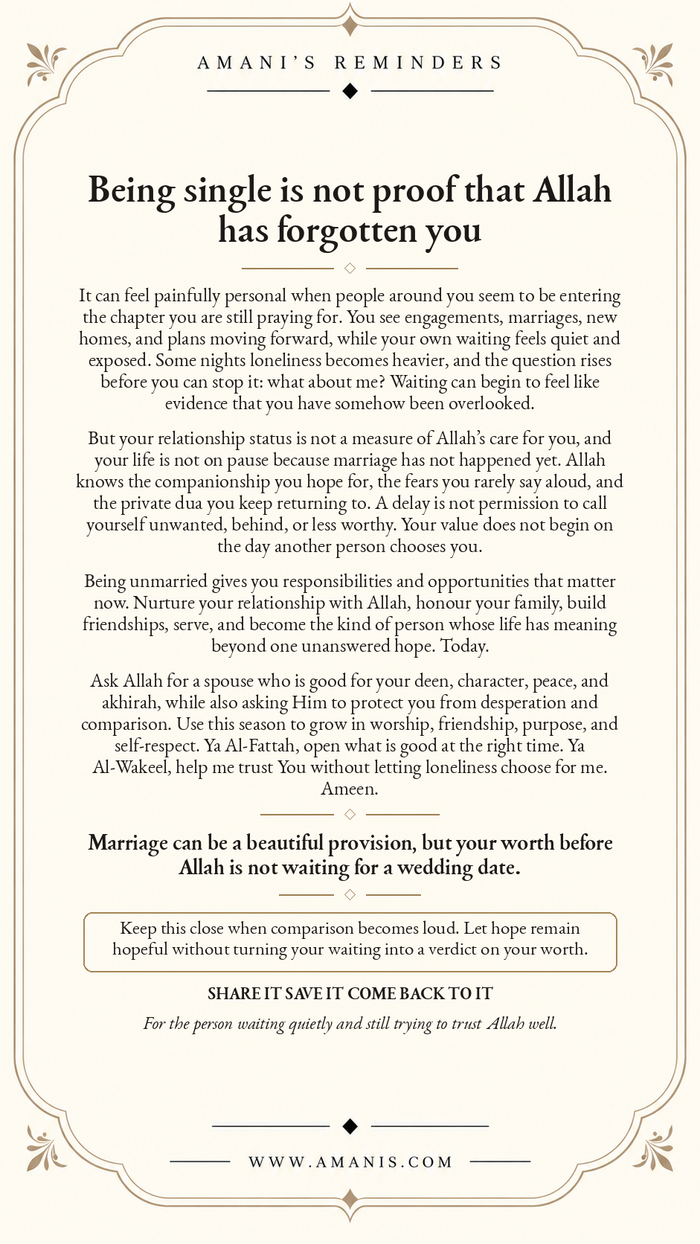 Amani’s Reminders poster about being single, marriage, patience and trusting Allah without comparison.