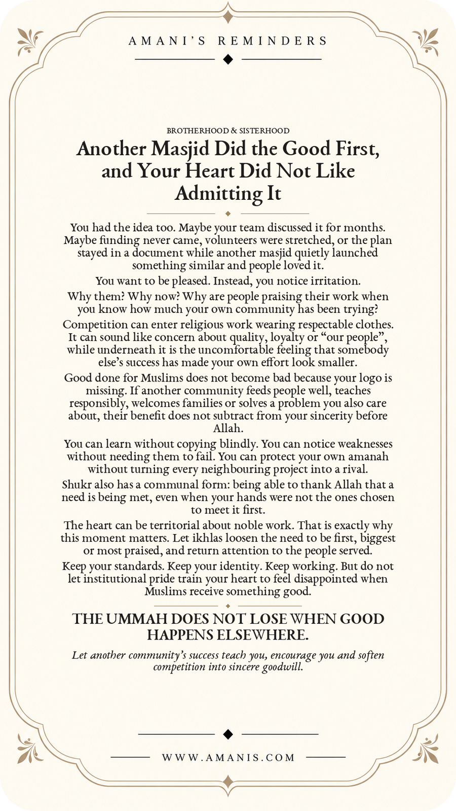 Amani’s Reminders poster about feeling jealous when another masjid does good first, redirecting the heart towards ikhlas, shukr and shared benefit for Muslims.