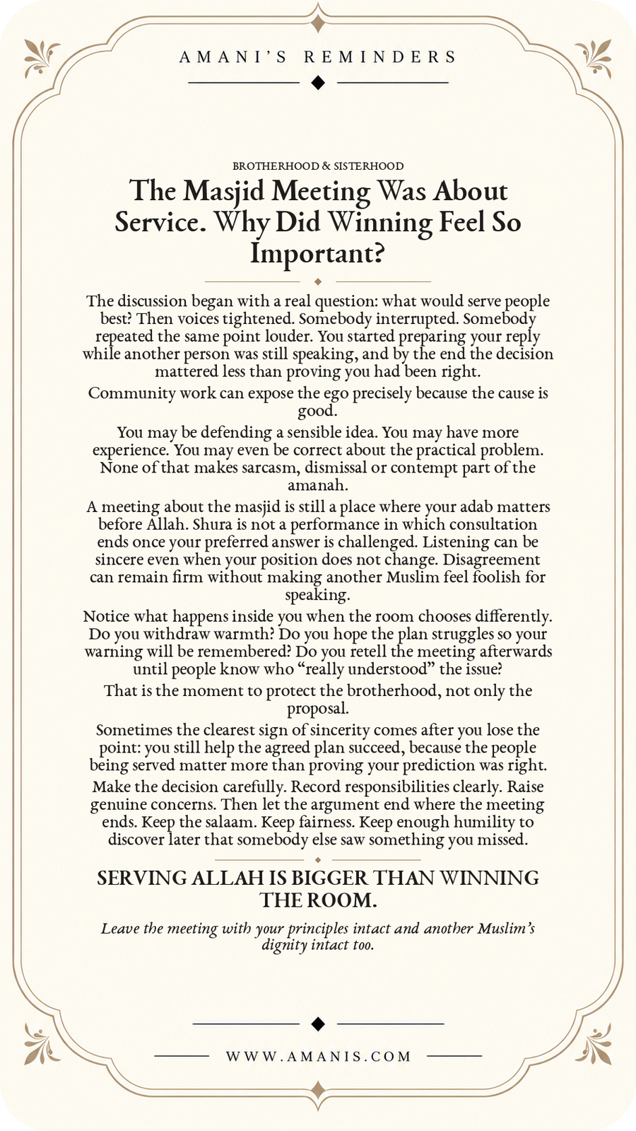 Amani’s Reminders poster about a masjid meeting becoming a contest to win, encouraging shura, adab and support for the agreed community decision.