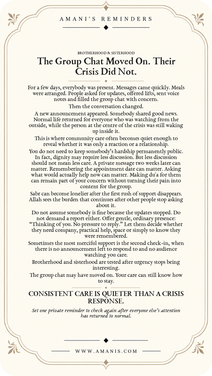 Amani’s Reminders poster about support fading after a crisis leaves the group chat, encouraging a second private check-in and steady care for a brother or sister.