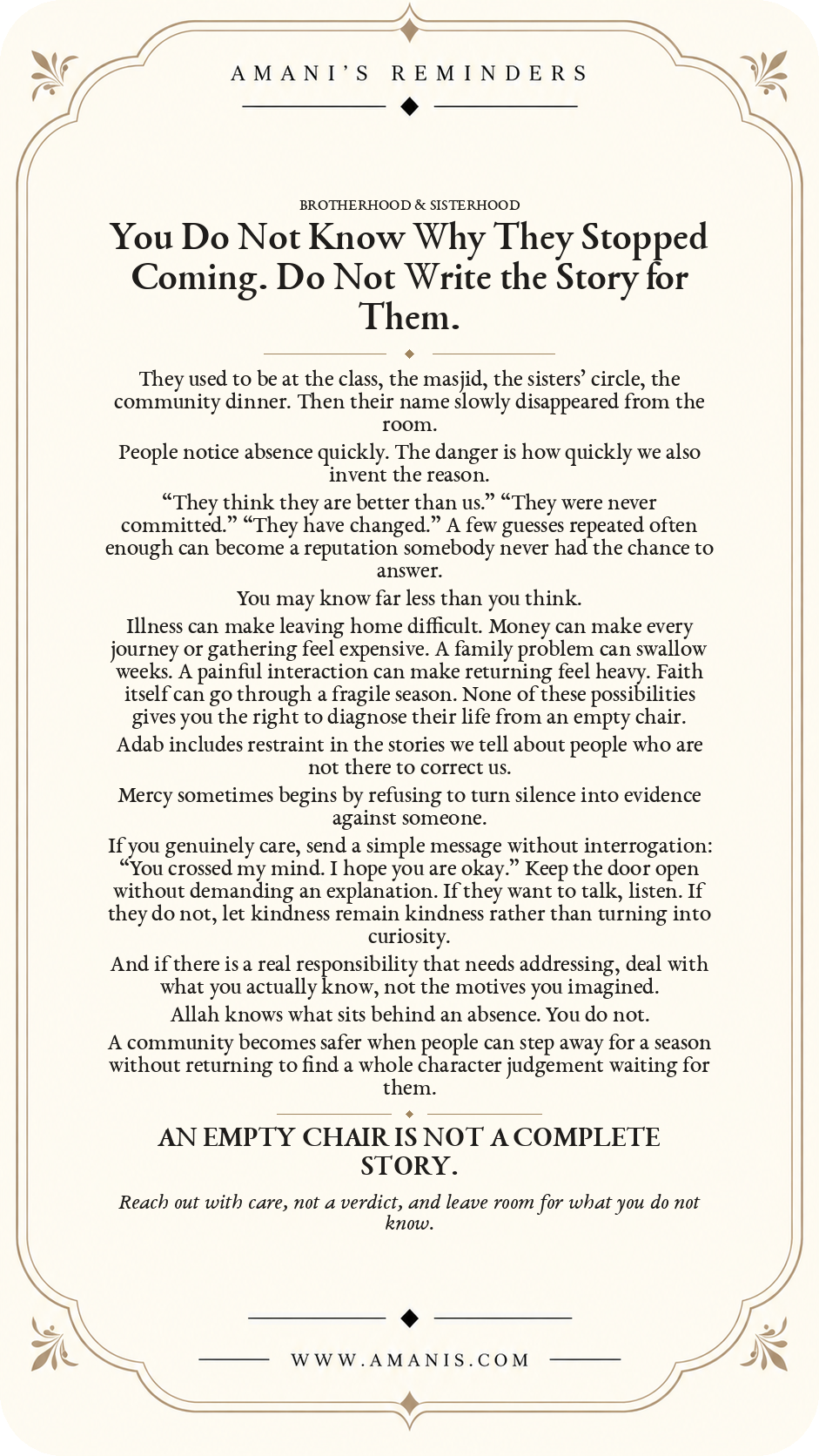 Amani’s Reminders poster about someone who stopped attending the community, warning against inventing motives and encouraging gentle outreach with adab.