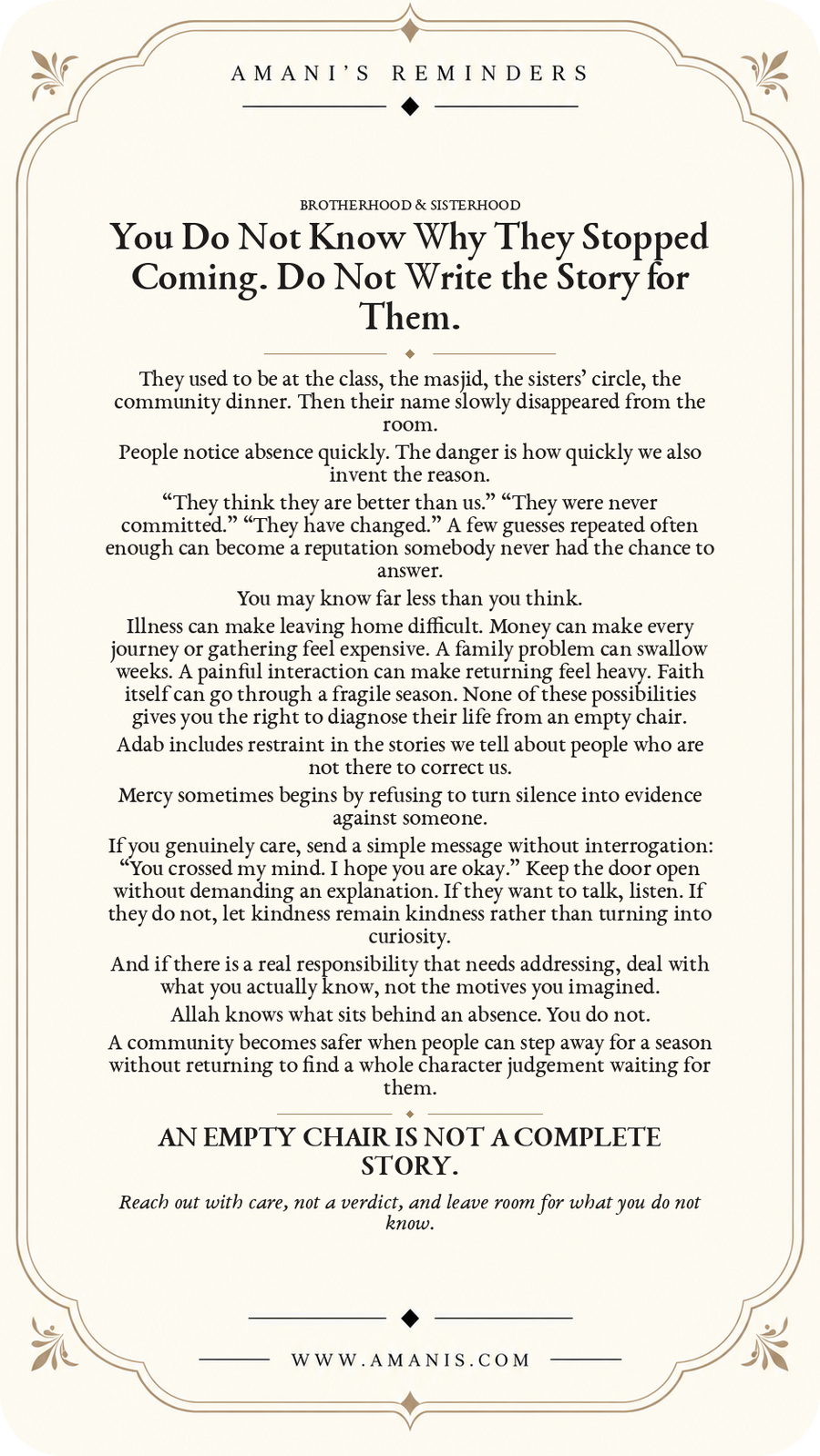 Amani’s Reminders poster about someone who stopped attending the community, warning against inventing motives and encouraging gentle outreach with adab.