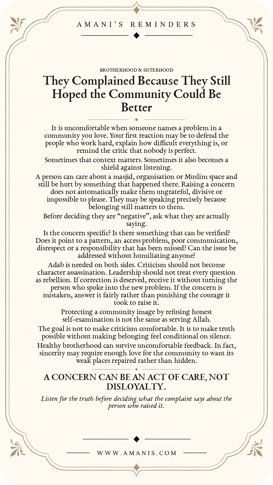 Amani’s Reminders poster about receiving a complaint from someone who still hopes the Muslim community can improve, calling for accountability without defensiveness.