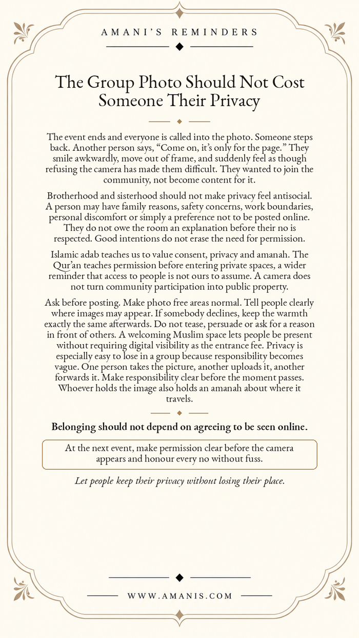 Amani’s Reminders ornate cream poster about respecting privacy and consent before including Muslims in community photographs online.