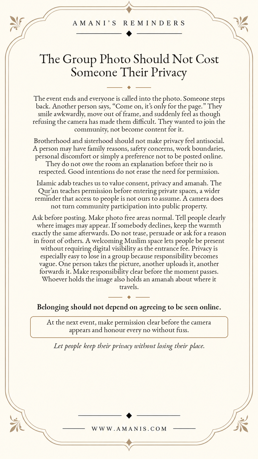 Amani’s Reminders ornate cream poster about respecting privacy and consent before including Muslims in community photographs online.