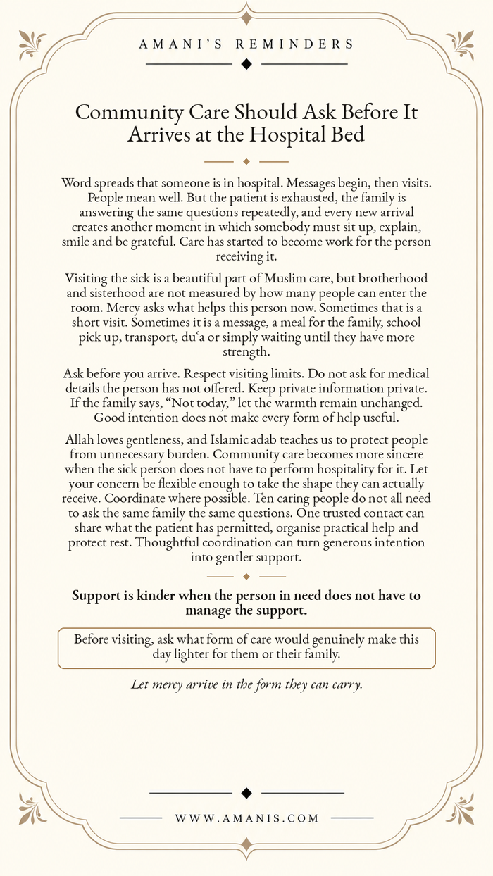 Amani’s Reminders ornate cream poster about thoughtful hospital support, asking first and making community care easier for patients and families.