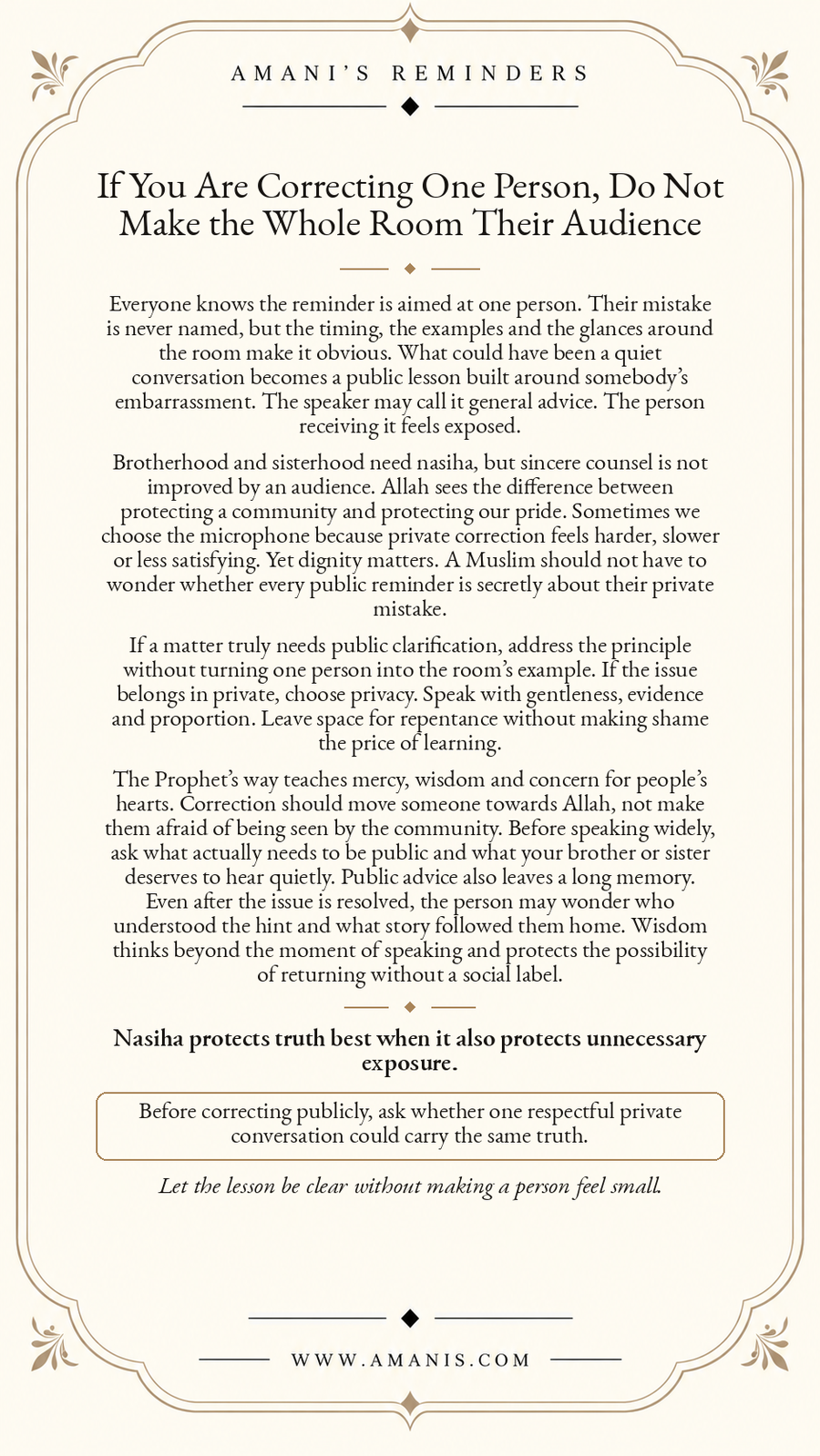 Amani’s Reminders ornate cream poster about correcting one Muslim privately rather than turning public advice into unnecessary exposure.