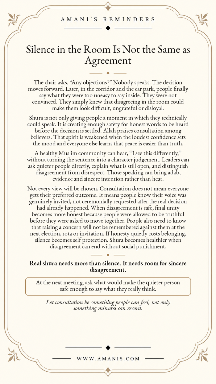 Amani’s Reminders ornate cream poster about genuine shura, making room for sincere disagreement rather than treating silence as agreement.