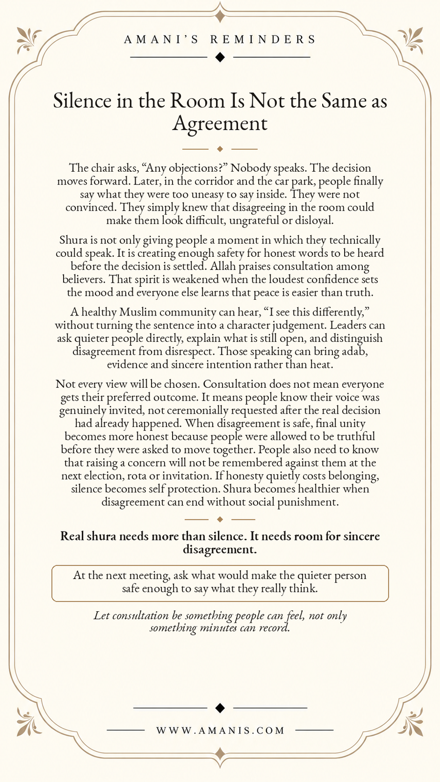 Amani’s Reminders ornate cream poster about genuine shura, making room for sincere disagreement rather than treating silence as agreement.