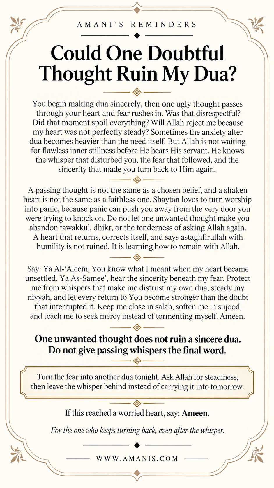 Amani’s Reminders Islamic dua artwork titled Could One Doubtful Thought Ruin My Dua?