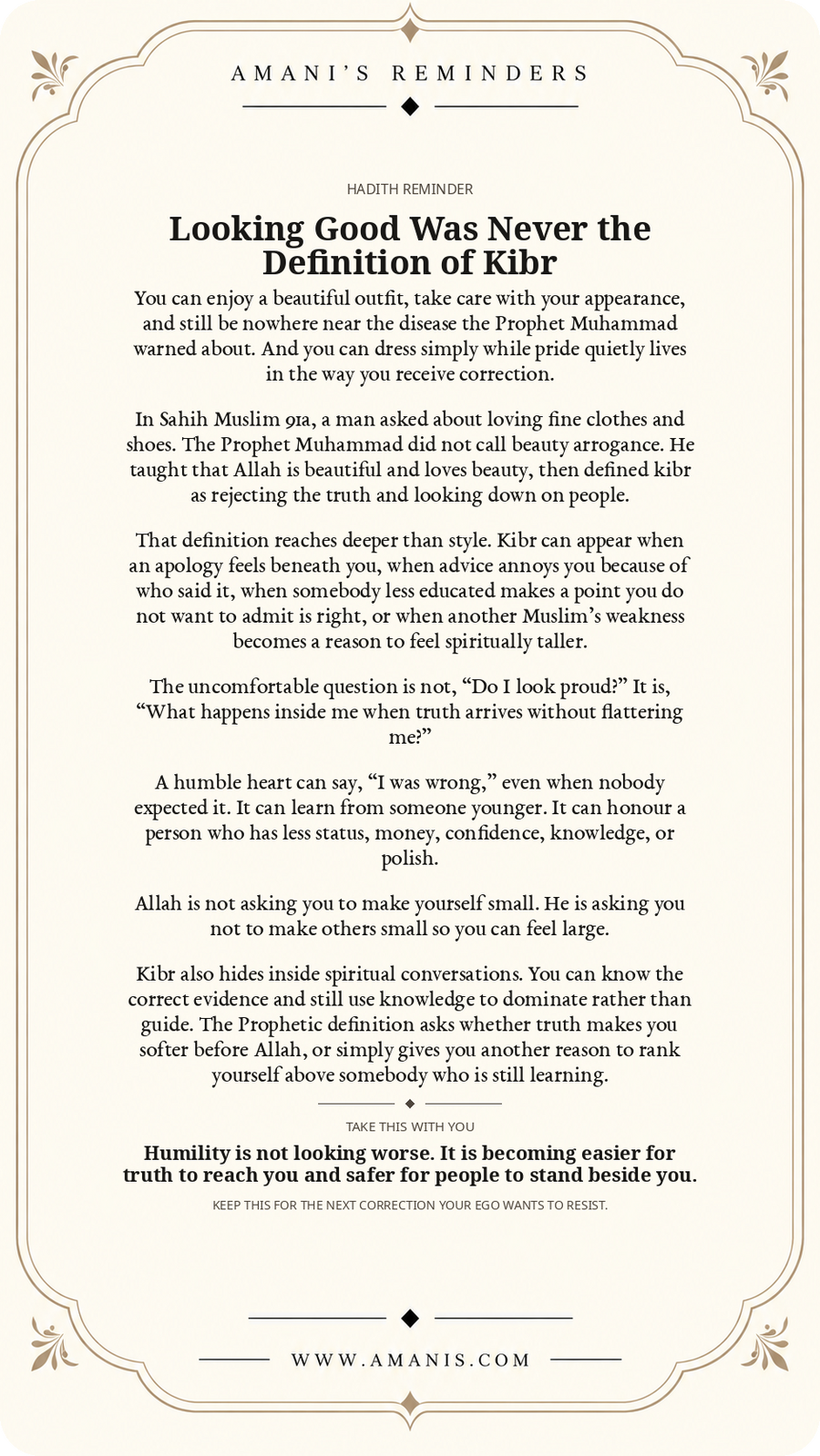 Amani’s Reminders Hadith Reminder artwork: Looking Good Was Never the Definition of Kibr