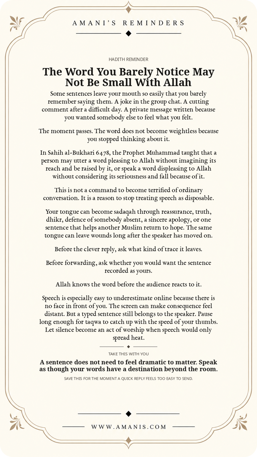 Amani’s Reminders Hadith Reminder artwork: The Word You Barely Notice May Not Be Small With Allah