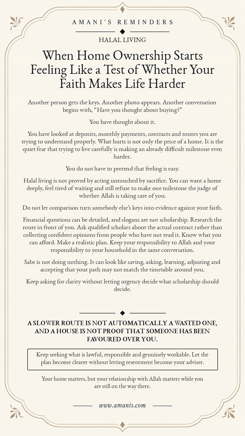 Amani's Reminders Halal Living artwork about home ownership, careful financial choices, comparison, sabr and seeking qualified guidance on the actual contract.