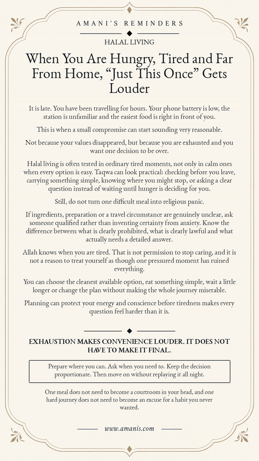 Amani's Reminders Halal Living artwork about travel hunger and exhaustion making convenience feel louder, with practical preparation, proportionate choices and qualified guidance where details are unclear.