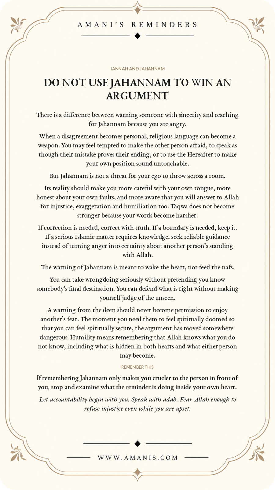 Amani's Reminders Jannah & Jahannam poster about refusing to use fear of Jahannam as a weapon in an argument.