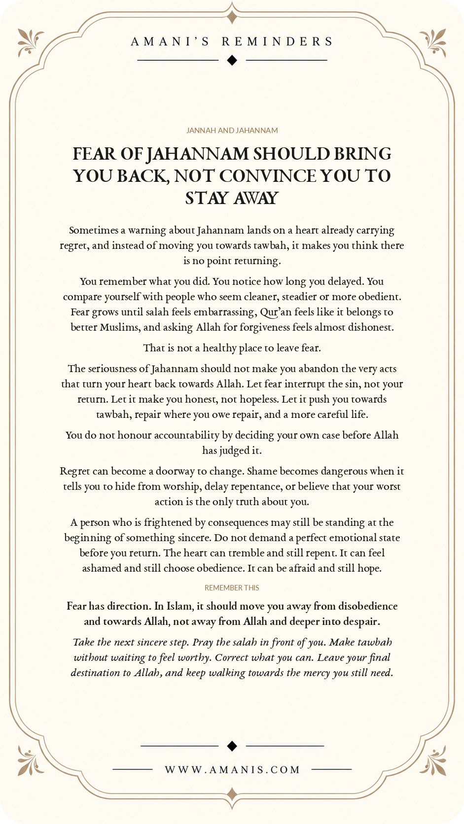 Amani's Reminders Jannah & Jahannam poster about letting fear of Jahannam lead back to tawbah rather than despair.