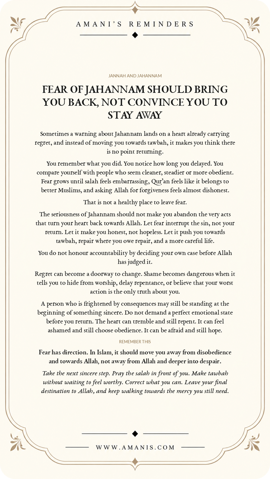 Amani's Reminders Jannah & Jahannam poster about letting fear of Jahannam lead back to tawbah rather than despair.