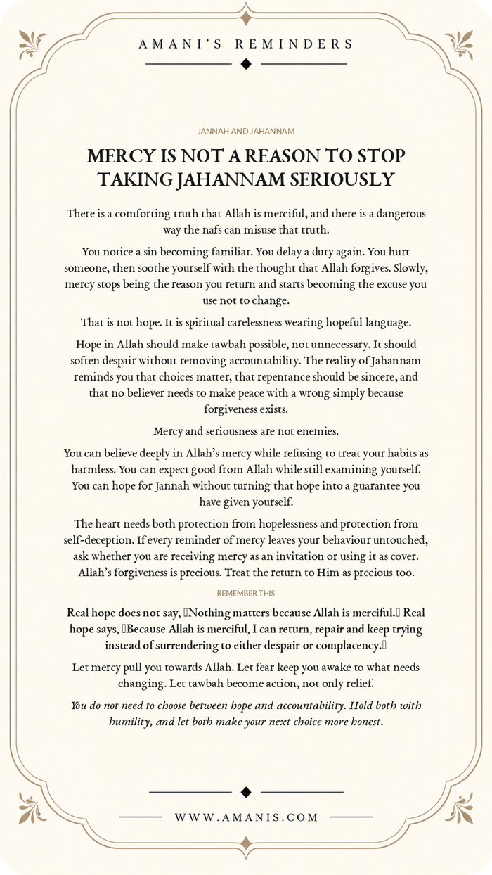 Amani's Reminders Jannah & Jahannam poster about holding Allah's mercy together with accountability and sincere tawbah.