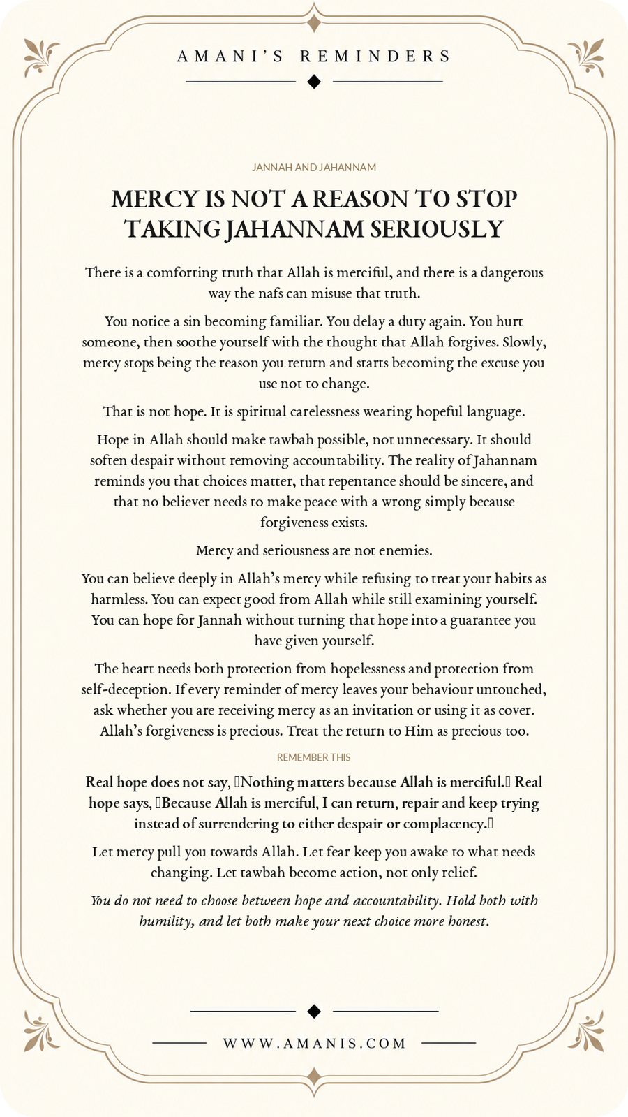 Amani's Reminders Jannah & Jahannam poster about holding Allah's mercy together with accountability and sincere tawbah.