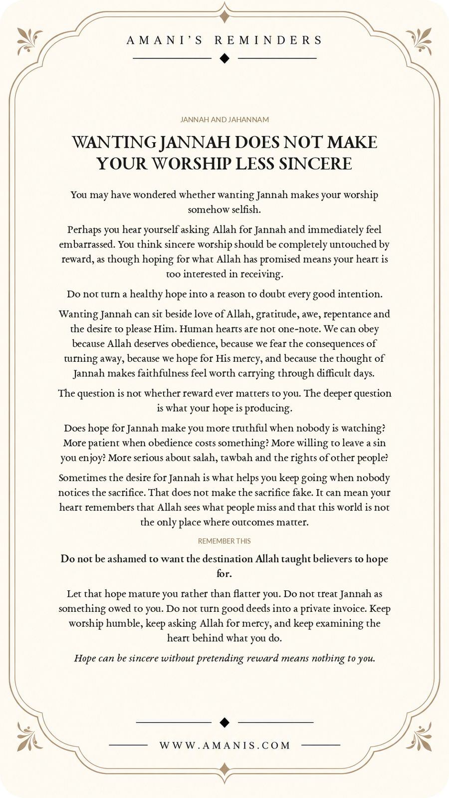 Amani's Reminders Jannah & Jahannam poster about sincerely hoping for Jannah without treating worship as a transaction.