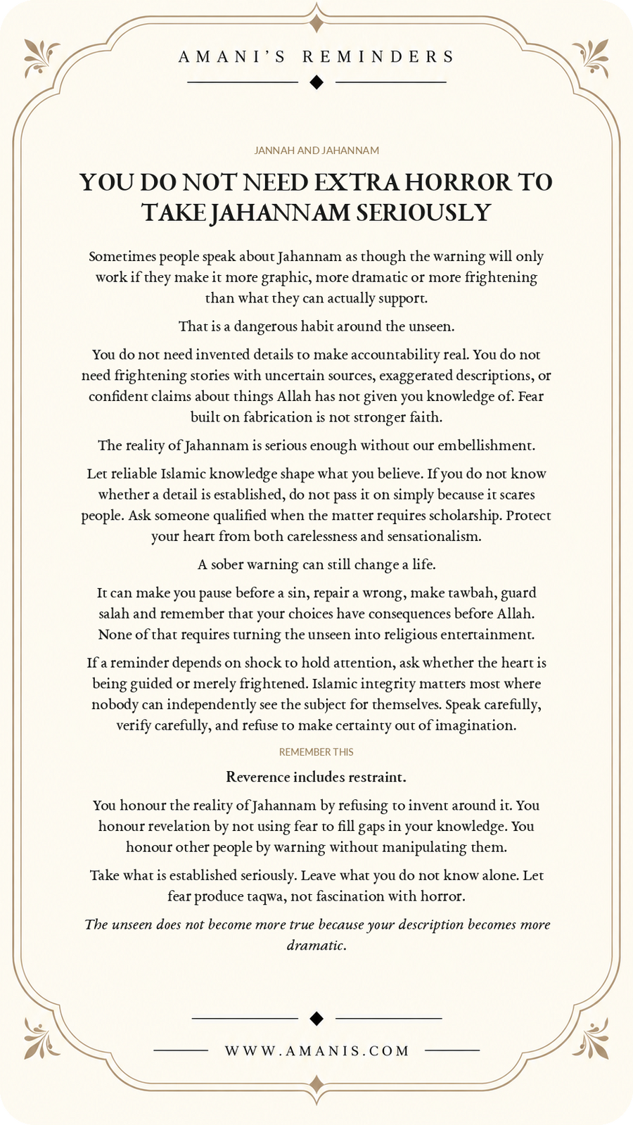 Amani's Reminders Jannah & Jahannam poster about taking Jahannam seriously without invented or sensational descriptions.