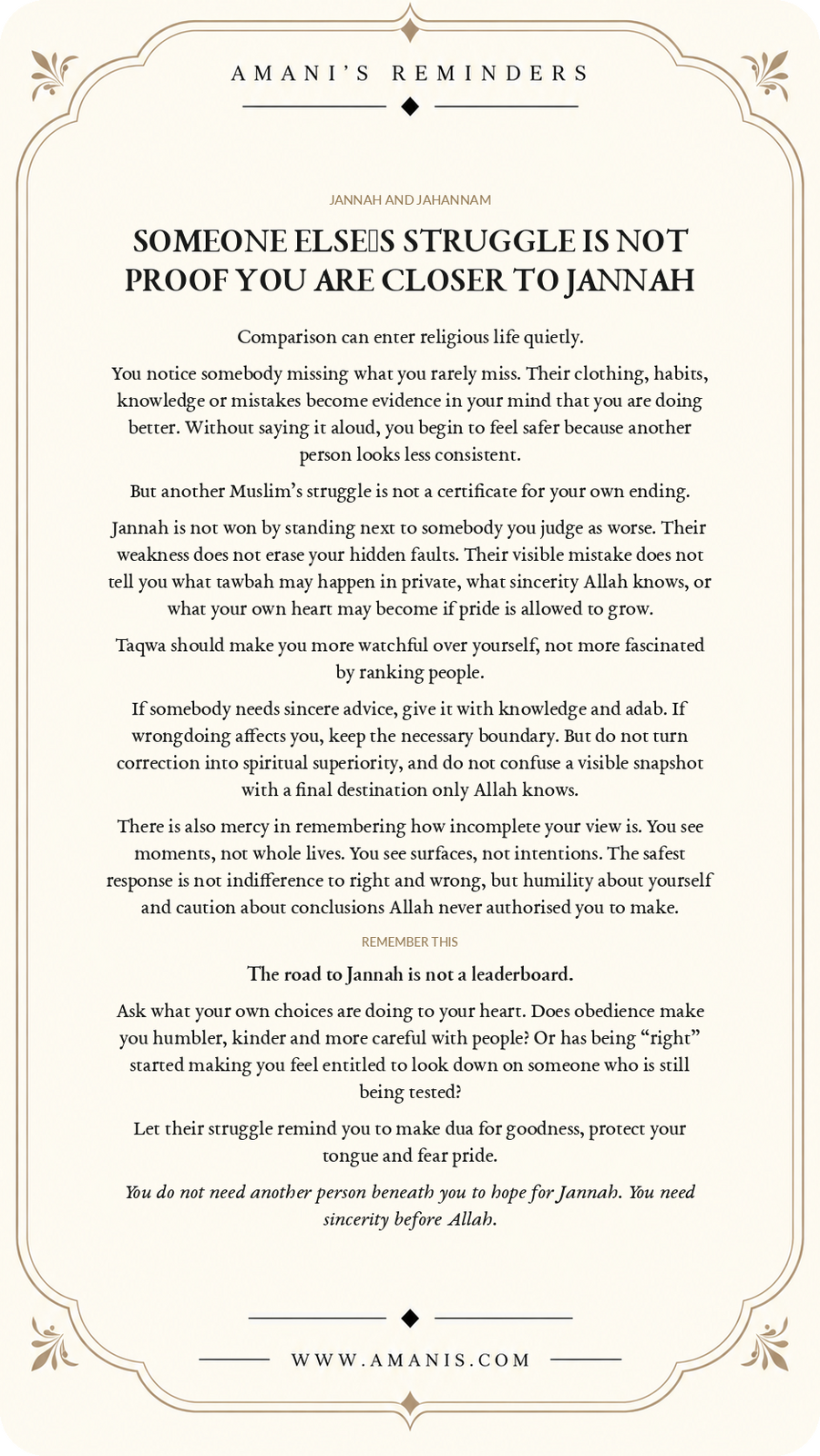Amani's Reminders Jannah & Jahannam poster about refusing religious comparison and leaving final judgement to Allah.