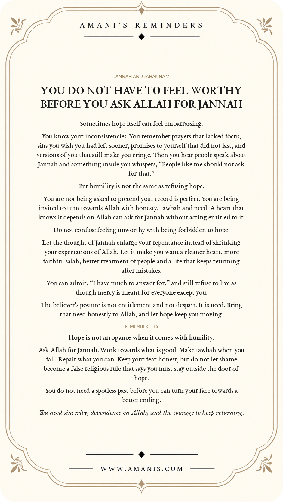 Amani's Reminders Jannah & Jahannam poster about asking Allah for Jannah with humility even while carrying regret.