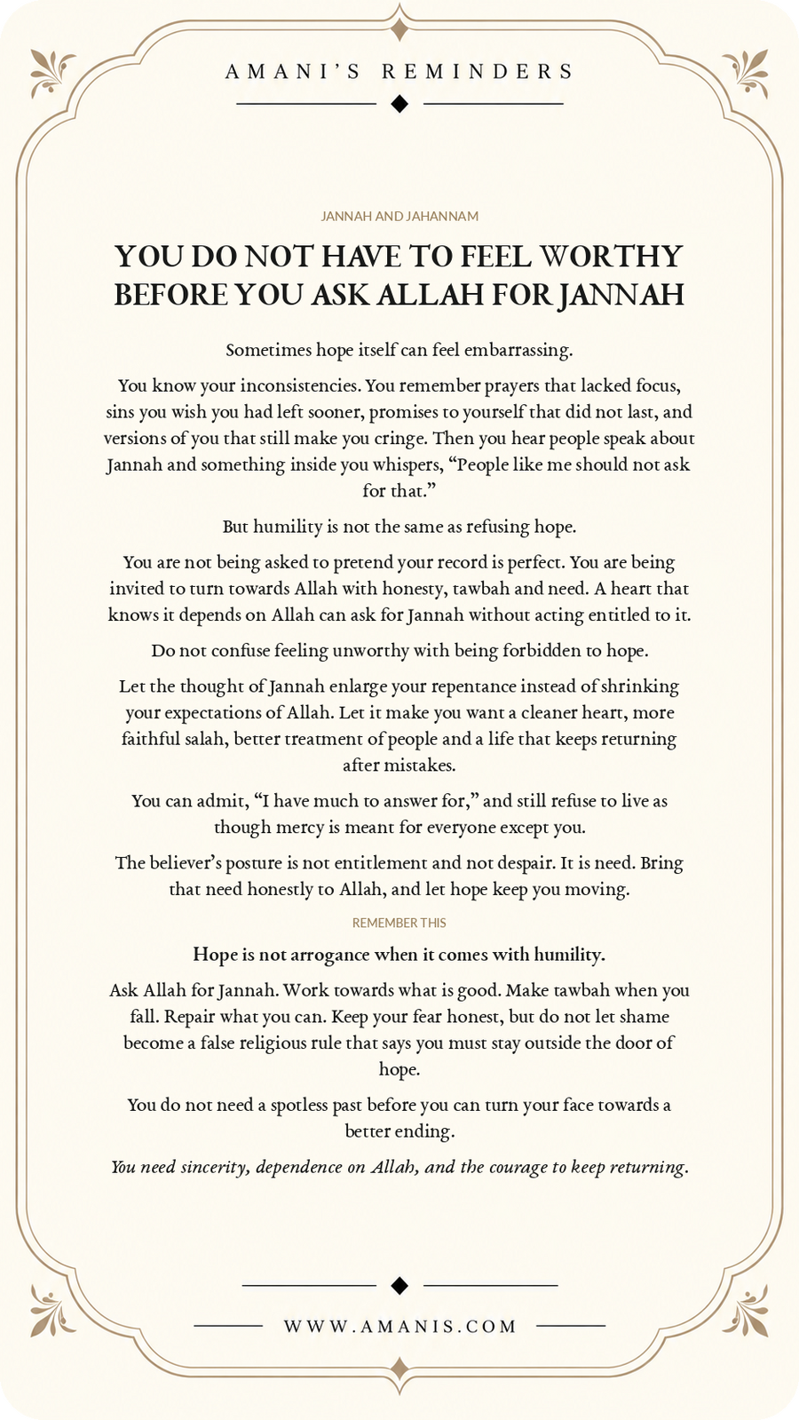Amani's Reminders Jannah & Jahannam poster about asking Allah for Jannah with humility even while carrying regret.