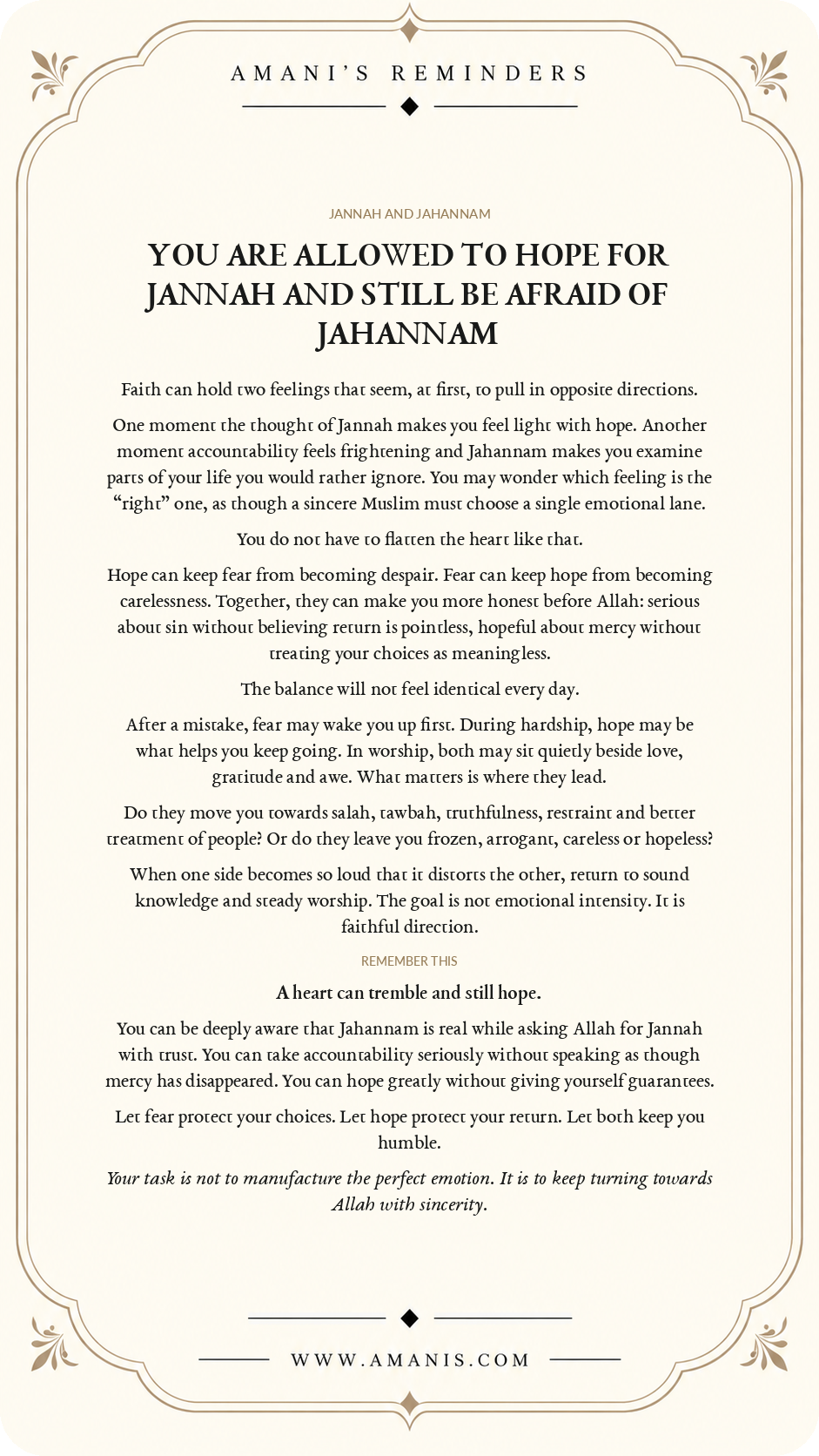 Amani's Reminders Jannah & Jahannam poster about holding hope for Jannah and fear of Jahannam together with humility.