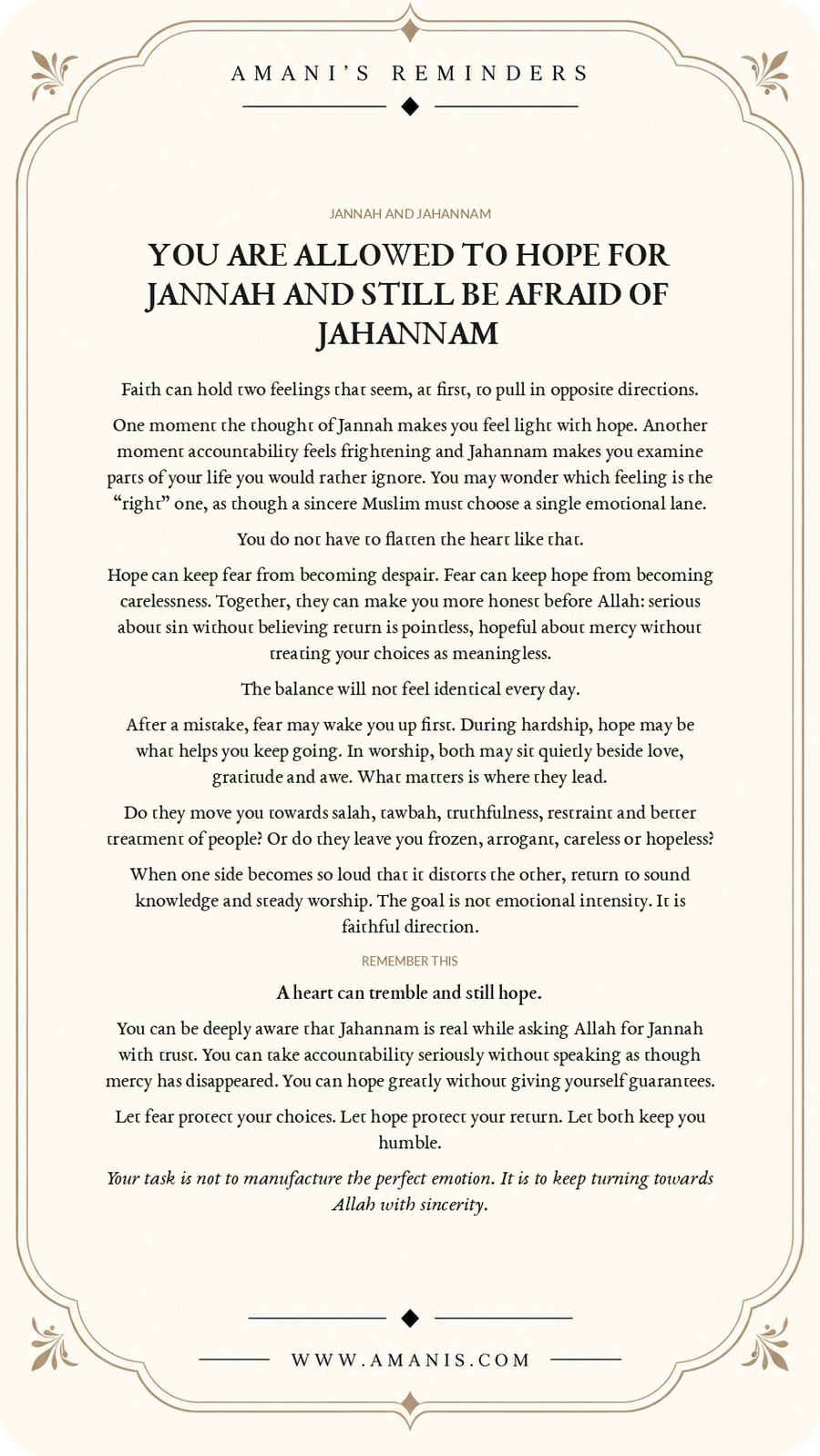 Amani's Reminders Jannah & Jahannam poster about holding hope for Jannah and fear of Jahannam together with humility.