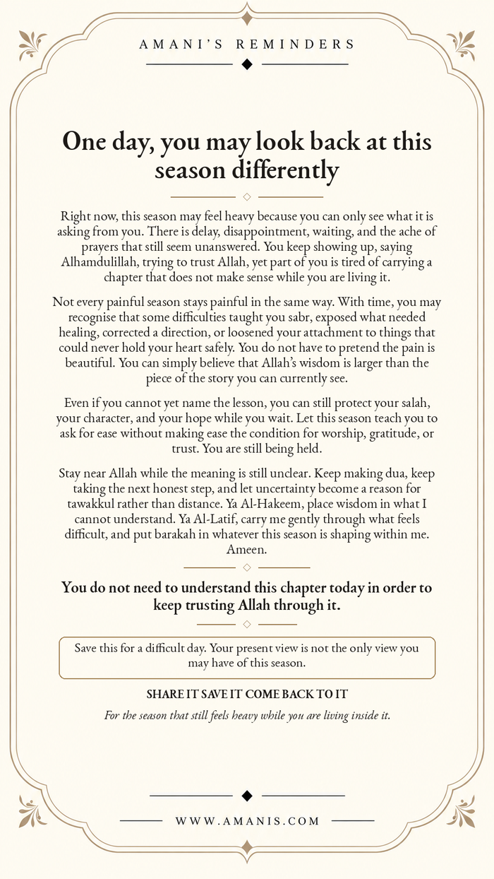 Amani’s Reminders poster about sabr, tawakkul and trusting Allah through a difficult season.