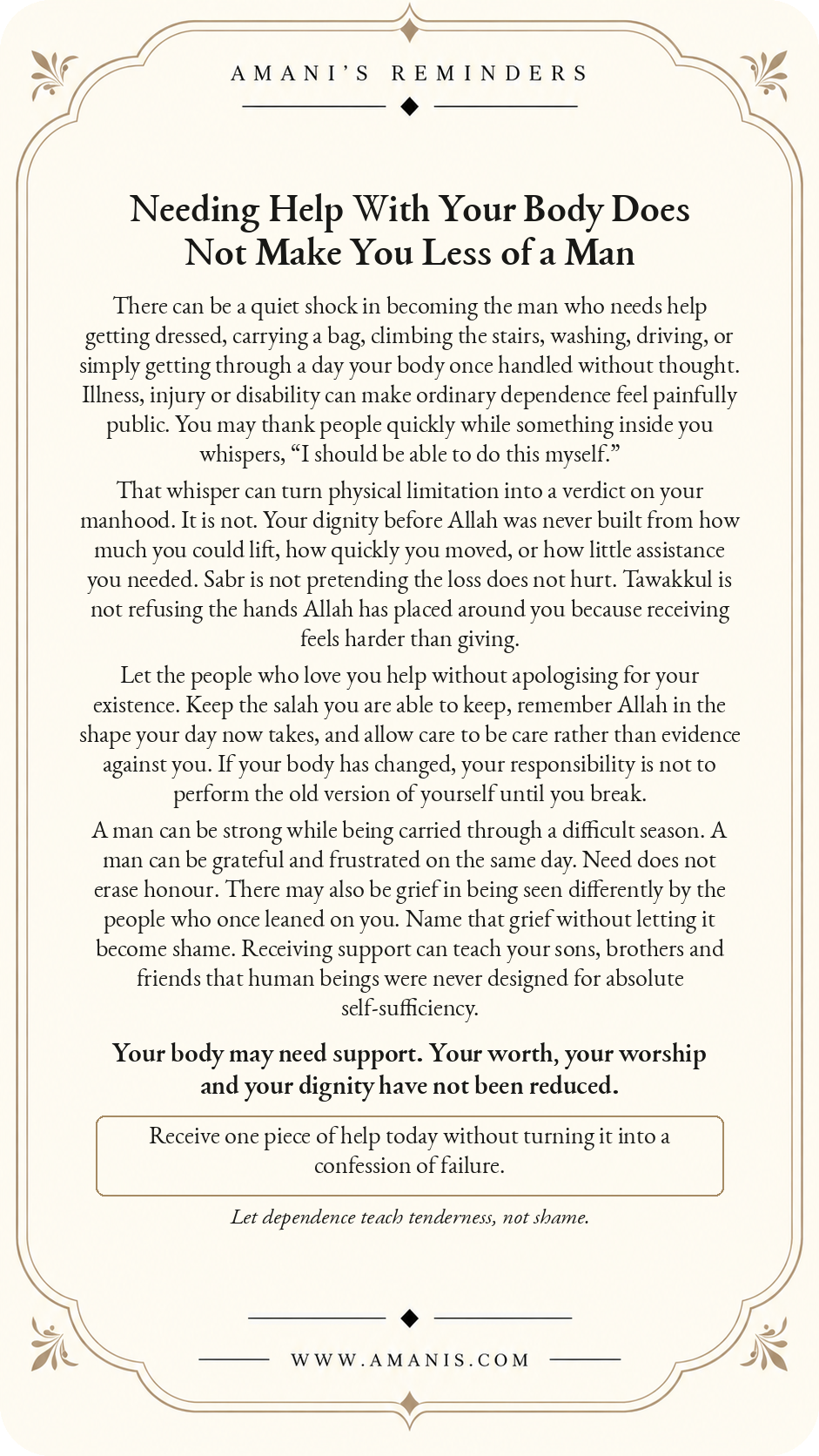 Amani’s Reminders artwork: Needing Help With Your Body Does Not Make You Less of a Man