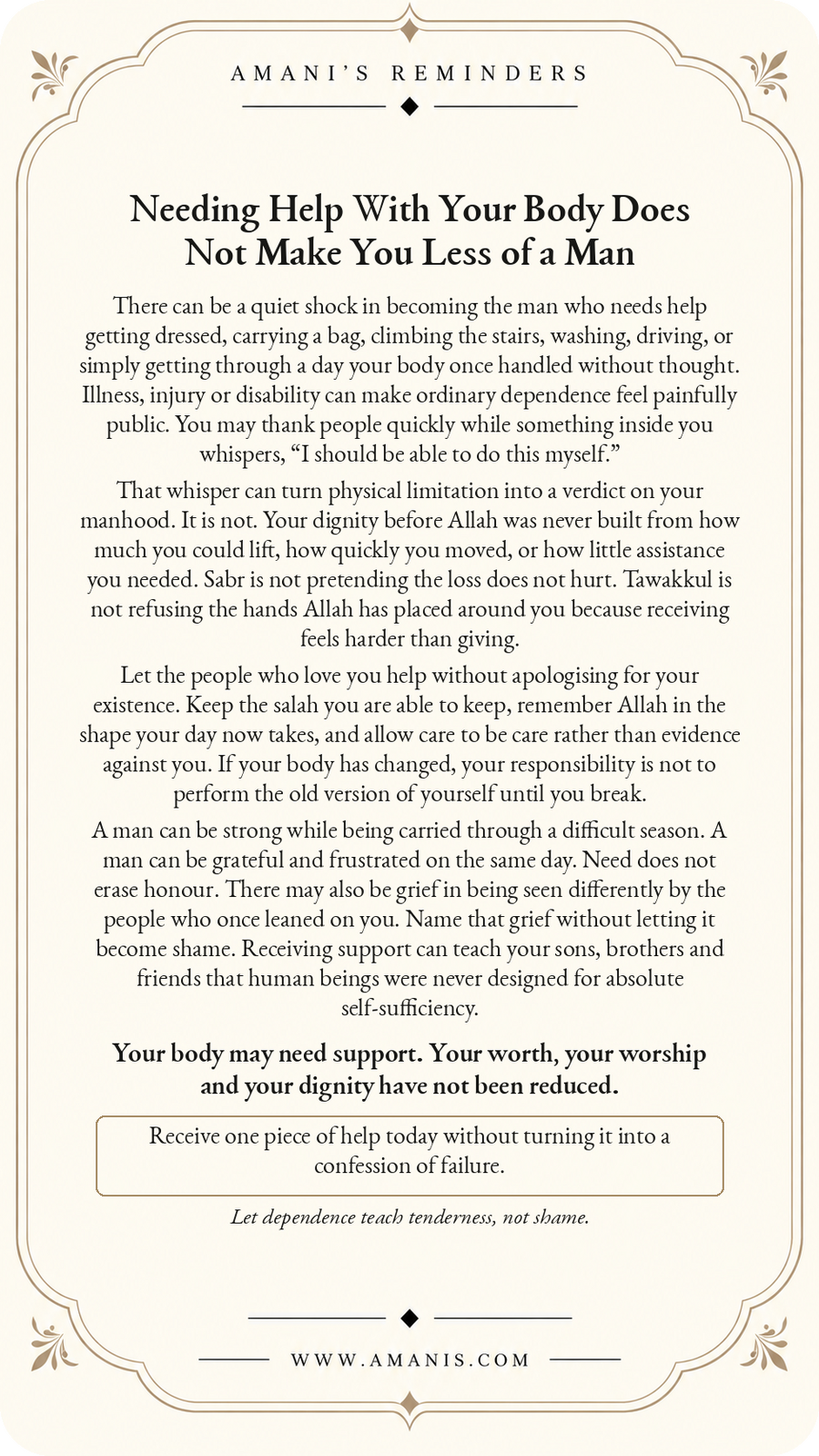 Amani’s Reminders artwork: Needing Help With Your Body Does Not Make You Less of a Man