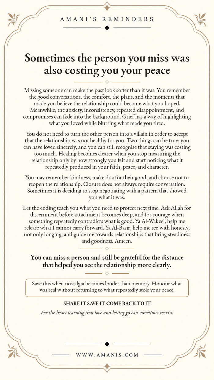Amani’s Reminders poster about missing someone, letting go, recognising unhealthy patterns and protecting your peace.